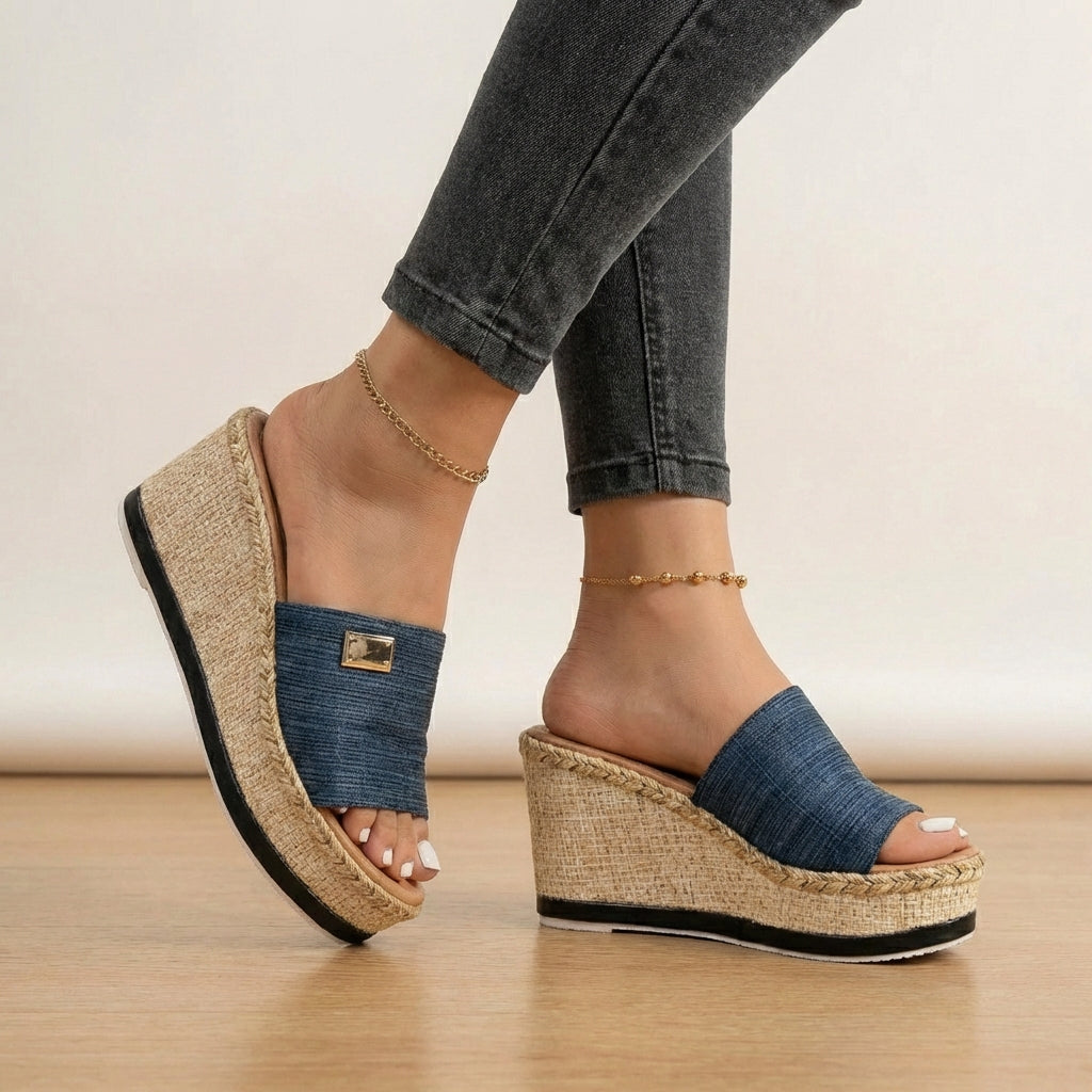 Blue orthopedic espadrille wedge shoes for women with adjustable straps, stylish and supportive footwear by My Store.