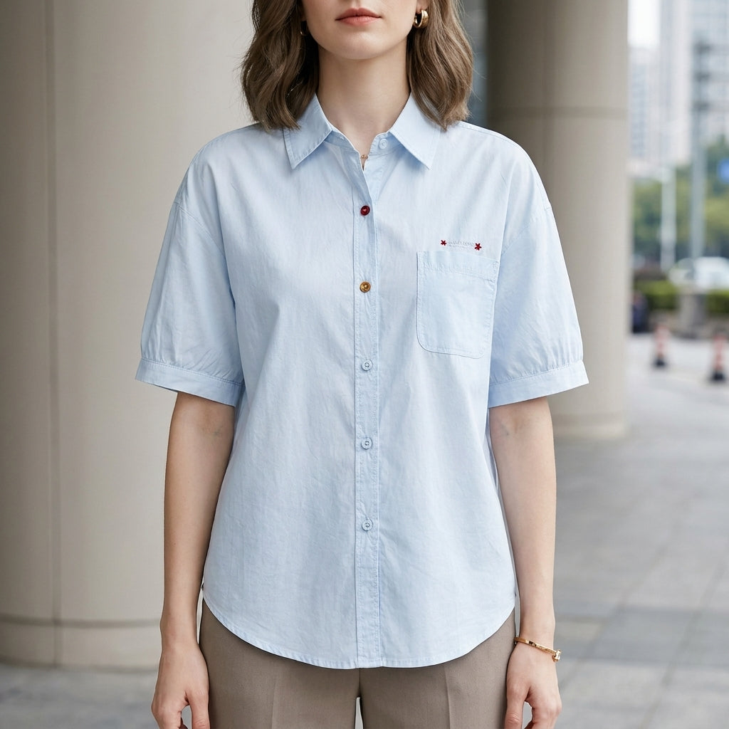 Blue women's summer blouse with puff sleeves, denim fabric, button front, casual style, perfect for warm weather.
