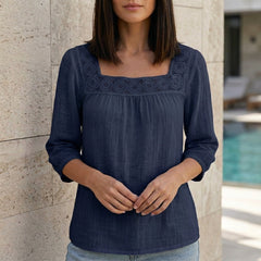 Blue summer blouse for women with square neckline and lace details, stylish top from My Store.