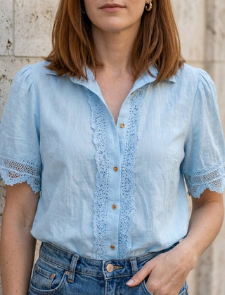 Blue V-neck short sleeve lace blouse for women, stylish summer top from My Store, featuring elegant lace details.