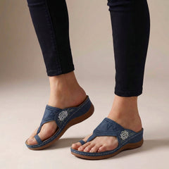 Blue orthopedic floral embroidered wedge sandals for women with supportive design and decorative flower details.