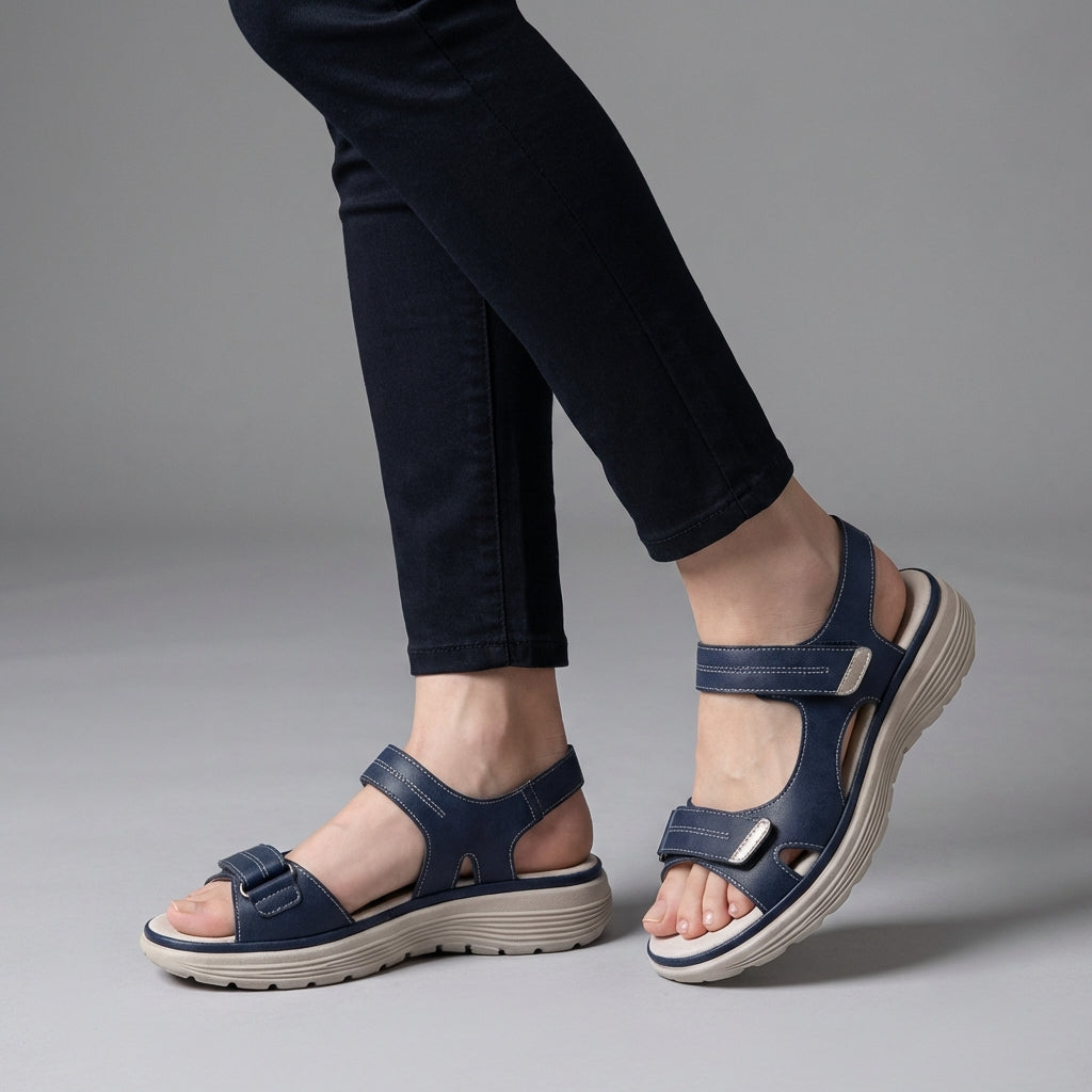 Blue orthopedic comfort fit sandals with chunky sole and adjustable straps, designed for support and casual wear.