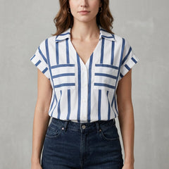 Blue striped women's summer blouse with V-neck, stylish top from My Store, lightweight and casual for warm weather.