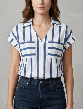 Blue striped women's summer blouse with V-neck, stylish top from My Store, lightweight and casual for warm weather.