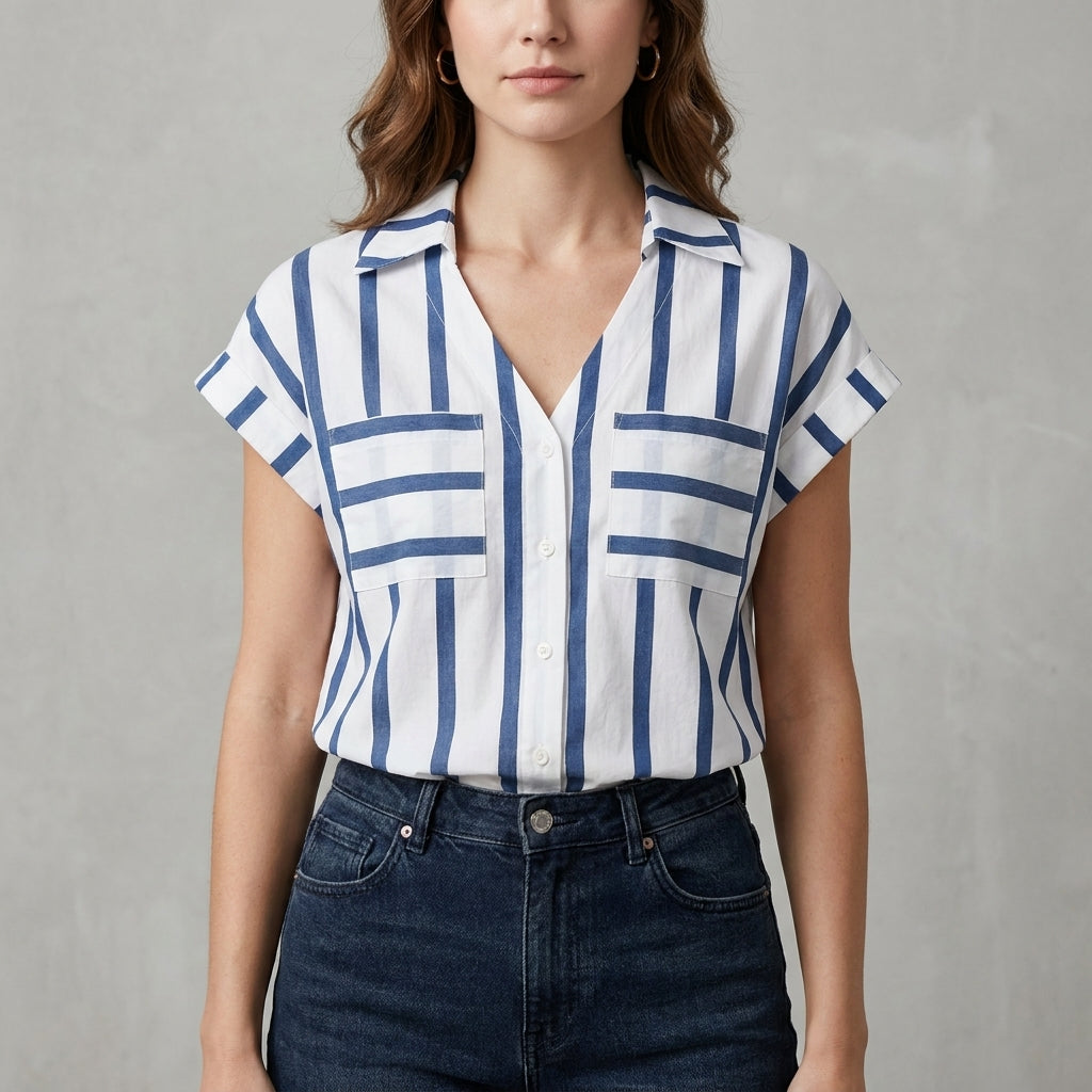Blue striped women's summer blouse with V-neck, stylish top from My Store, lightweight and casual for warm weather.