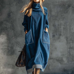 Blue corduroy midi dress with long sleeves and a relaxed fit, perfect for casual wear, by My Store.