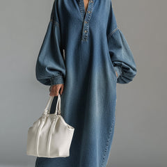 Blue denim maxi dress by My Store featuring a flowing evening dress style with long sleeves and a relaxed fit.