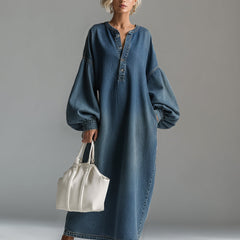 Blue denim maxi dress with long sleeves and a flowy silhouette, perfect for evening wear, by My Store.