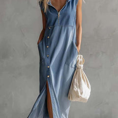 Blue denim V-neck midi dress by My Store featuring a casual style and a relaxed fit, displayed on a hanger.