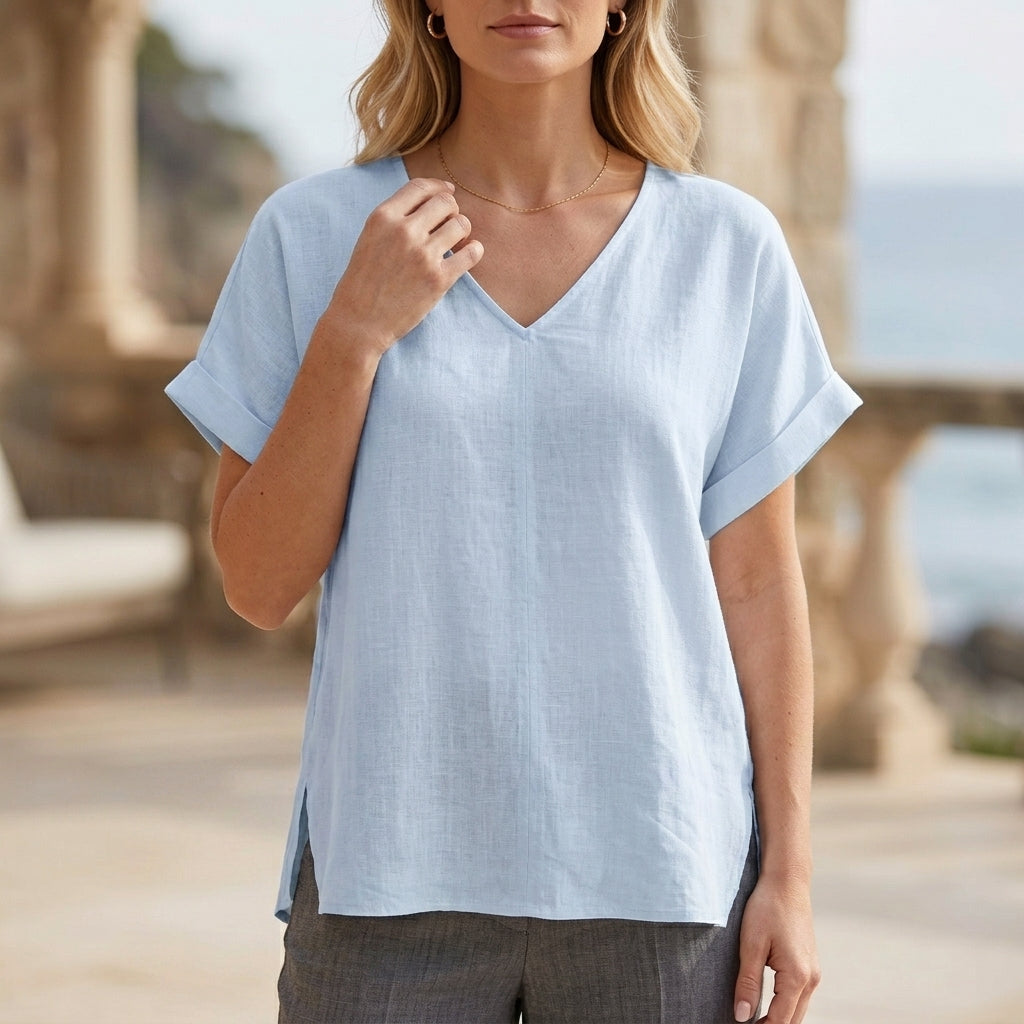 Blue denim summer blouse for women with V-neck and short sleeves, stylish and comfortable top from My Store.