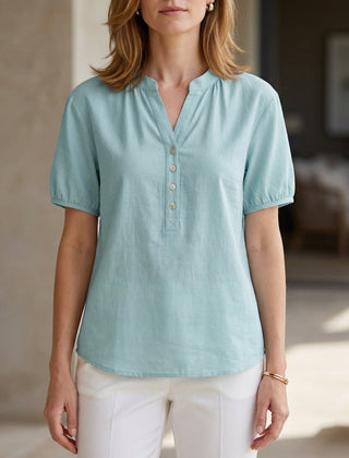 Blue denim summer blouse for women with puff sleeves and button front, lightweight and casual, from My Store.