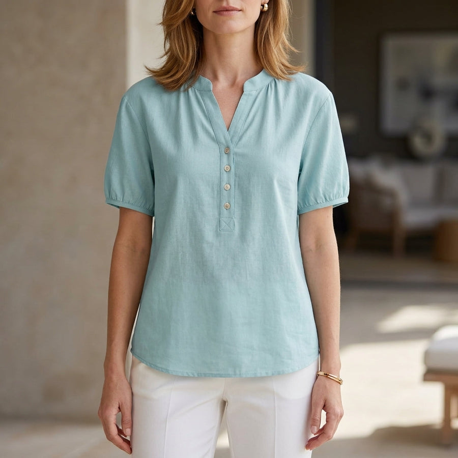 Blue denim summer blouse for women with puff sleeves and button front, lightweight and casual, from My Store.
