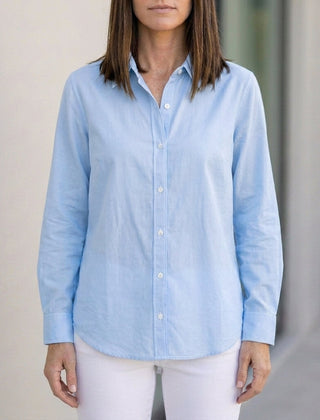 Blue linen summer blouse for women with button front, stylish and lightweight top perfect for warm weather.