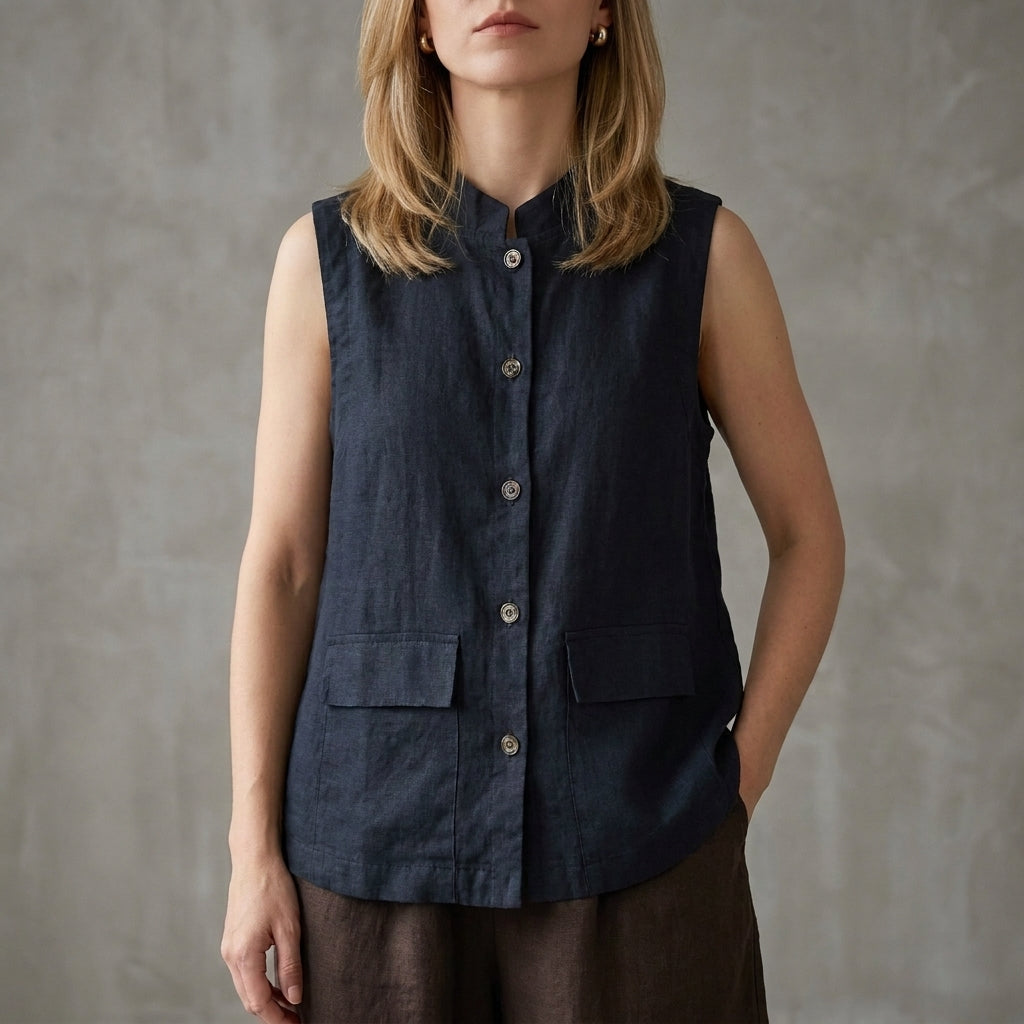 Blue sleeveless denim summer blouse for women with button front, stylish top perfect for casual warm-weather outfits.