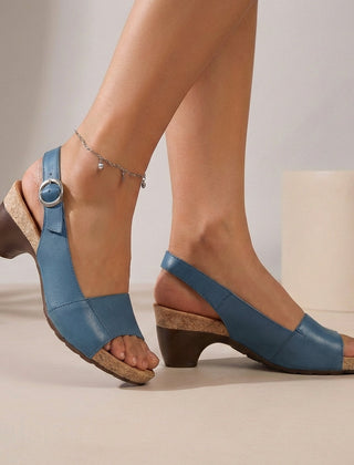 Blue orthopedic heeled sandals for women with wedge heel, adjustable strap, and arch support, ideal for summer comfort.