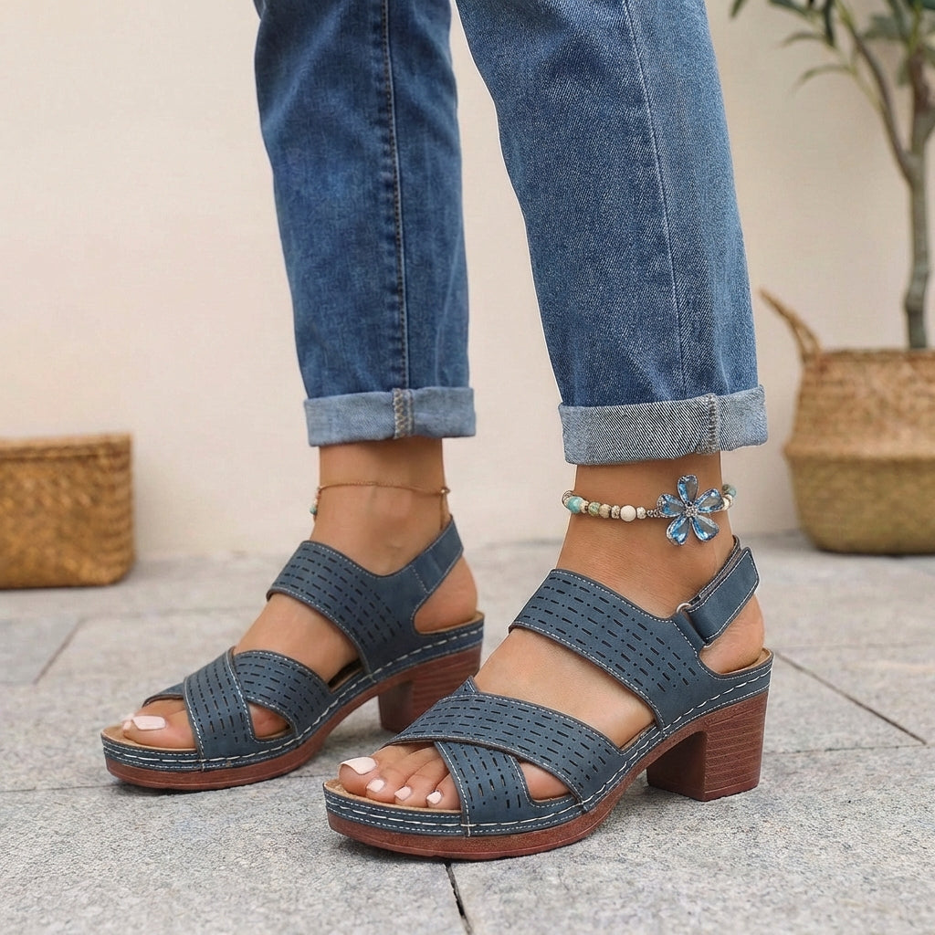 Blue orthopedic platform block heel sandals with open toe and cut-out design by My Store.