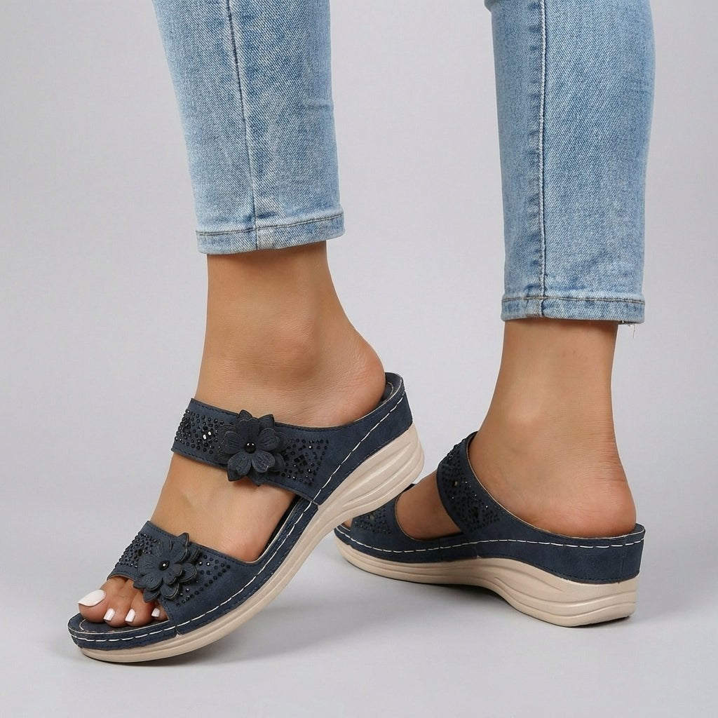 Blue floral strap wedge heel sandals for women by Tammy Bradley, featuring stylish design and comfortable footwear.