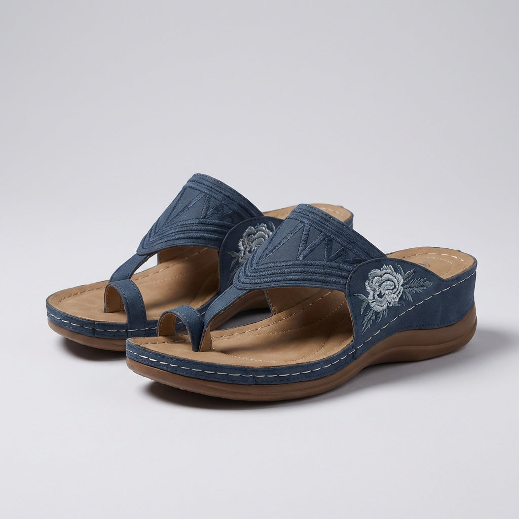 Blue orthopedic floral embroidered wedge sandals for women with stylish design and comfortable support by My Store.