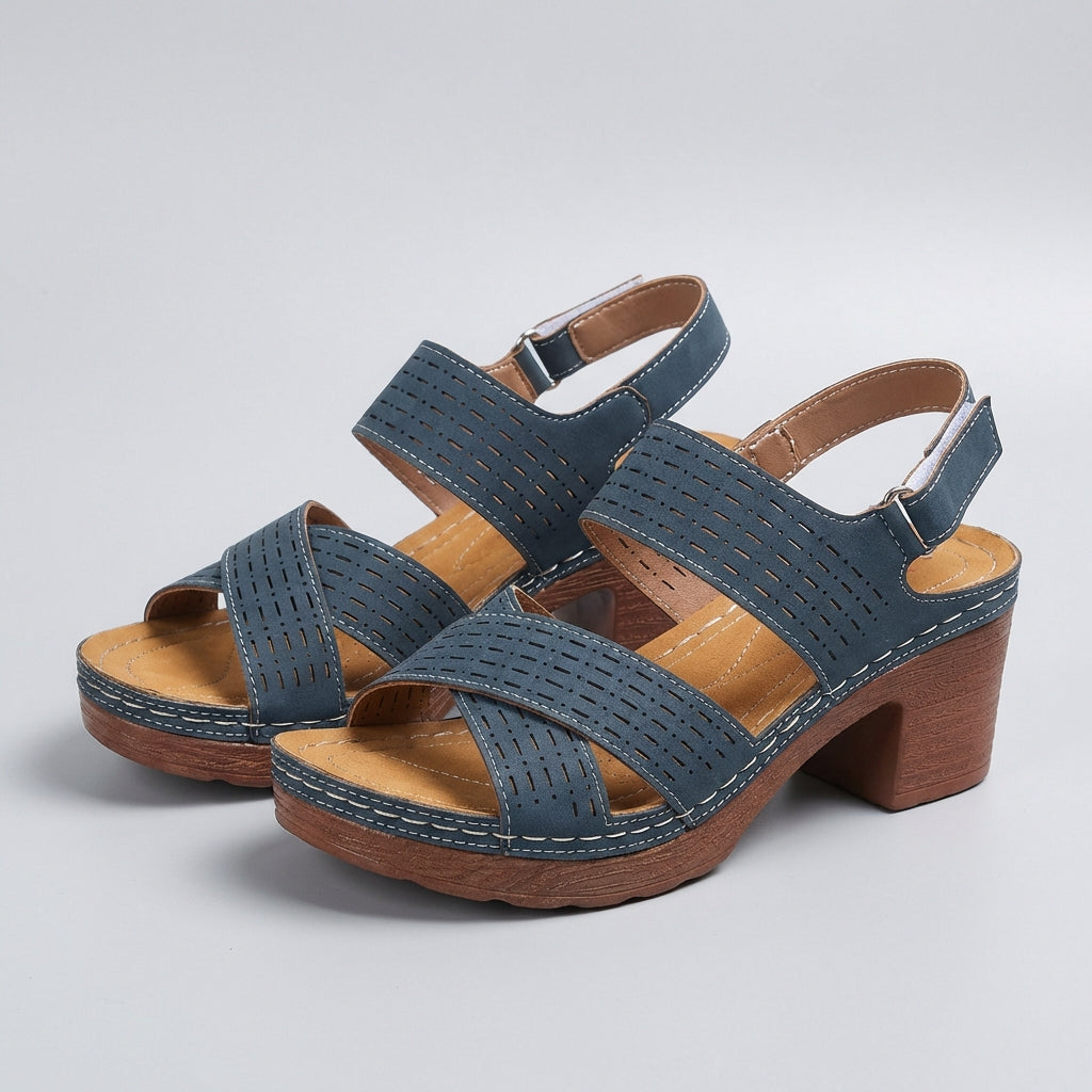 Blue orthopedic criss-cross slingback platform sandals for women with block heels, stylish and comfortable for everyday wear.