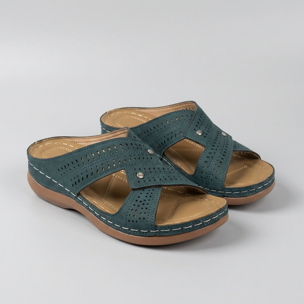 Orthopedic open toe wedge sandals with T-strap and rhinestones, stylish blue sandals by My Store.