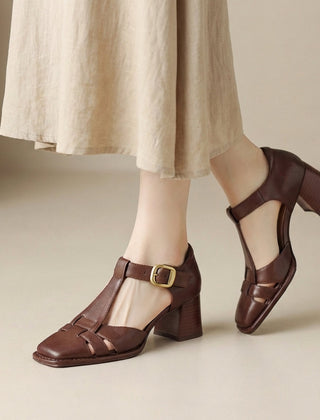 Brown orthopedic chunky heel square toe T-strap sandals for women with supportive design and stylish chunky heel.