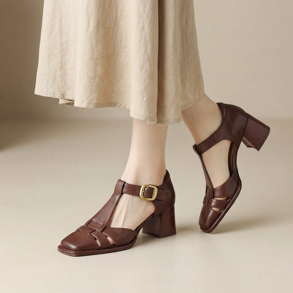 Brown orthopedic chunky heel square toe T-strap sandals for women with supportive design and stylish chunky heel.