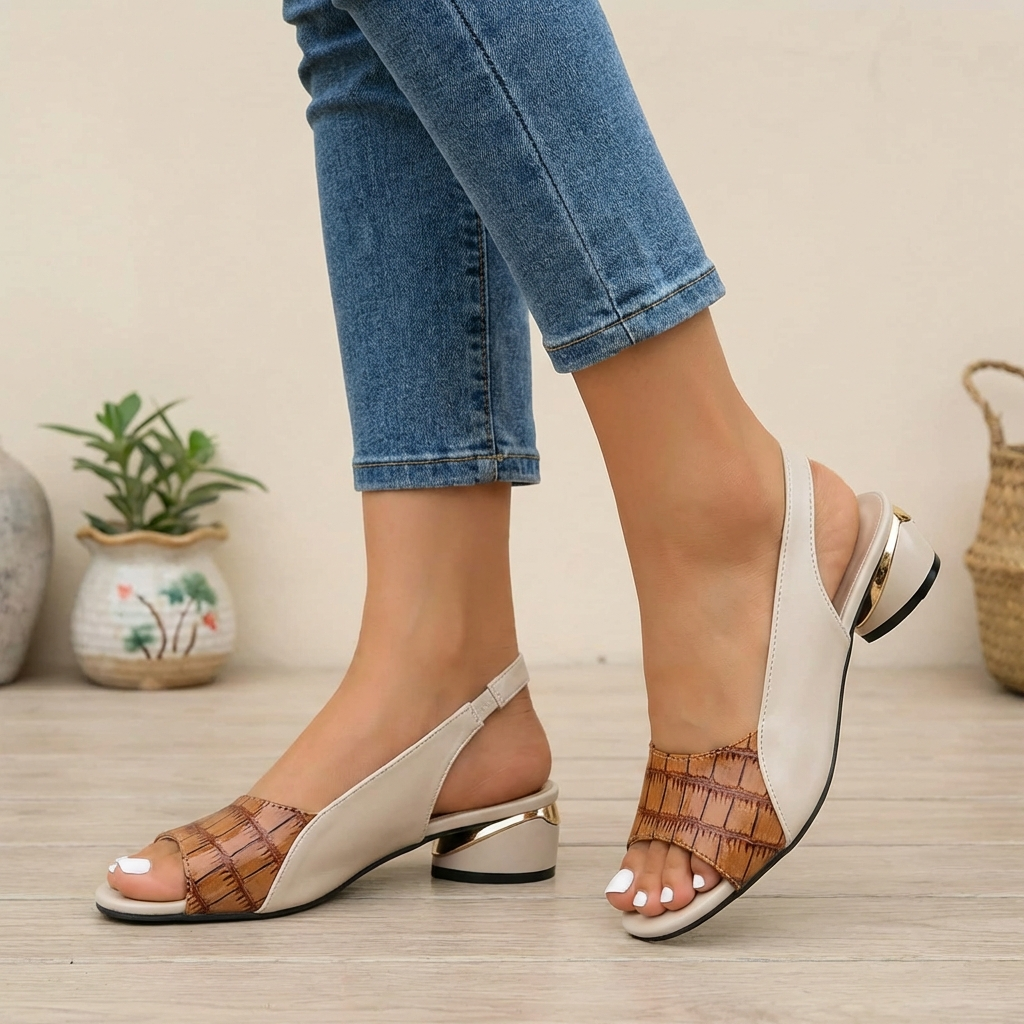 Brown textured slingback block heel sandals with open toe and gold accent, stylish women's footwear from My Store