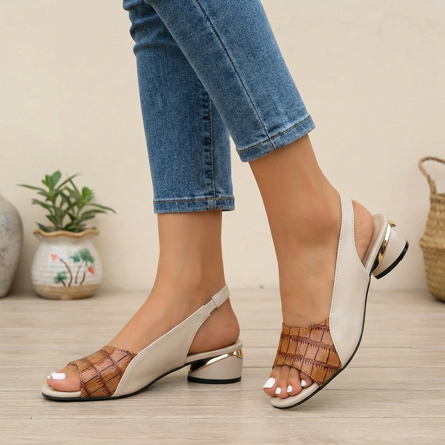 Brown textured slingback block heel sandals with open toe and gold accent, stylish women's footwear from My Store