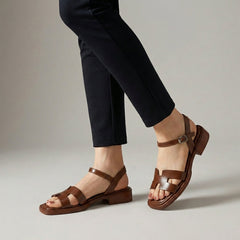 Brown ankle-length flat sandals with ankle strap and buckle, stylish and comfortable footwear from My Store.