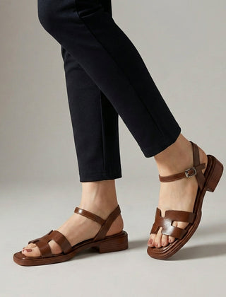 Brown ankle-length flat sandals with ankle strap and buckle, stylish and comfortable footwear from My Store.