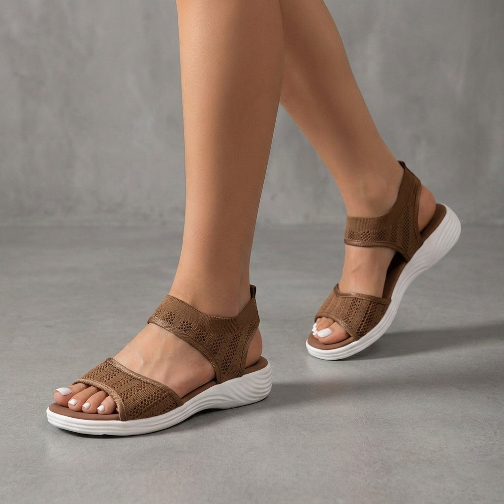 Brown knit ankle-strap sandals for women by Tammy Bradley, featuring open toes and stylish ankle straps.