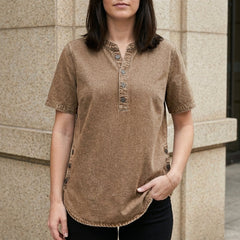Brown denim summer top for women with button front, stylish casual blouse from My Store women's clothing collection.