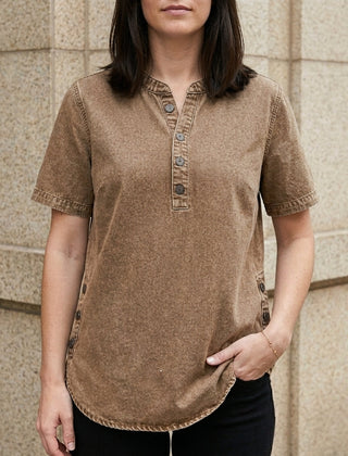 Brown denim summer top for women with button front, stylish casual blouse from My Store women's clothing collection.