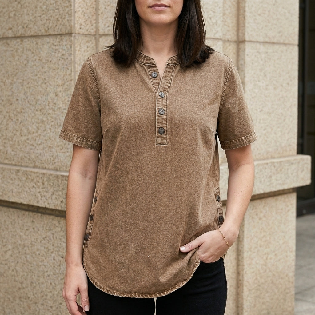 Brown denim summer top for women with button front, stylish casual blouse from My Store women's clothing collection.