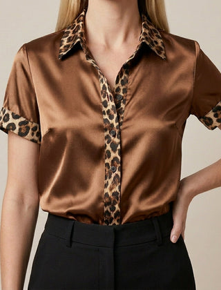 Brown leopard print summer blouse for women with short sleeves, stylish top from My Store.