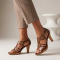 Brown Tammy Bradley women's strappy open-toe heeled sandals with ankle straps and stiletto heels, stylish and perfect for summer outfits.