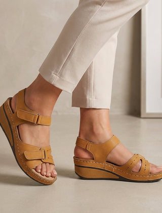 Brown open-toe wedge-heel sandals for women by Tammy Bradley, featuring stylish design and comfortable fit.