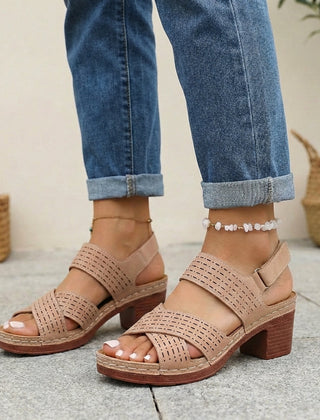 Brown orthopedic platform block heel sandals with open toe and cut-out design by My Store