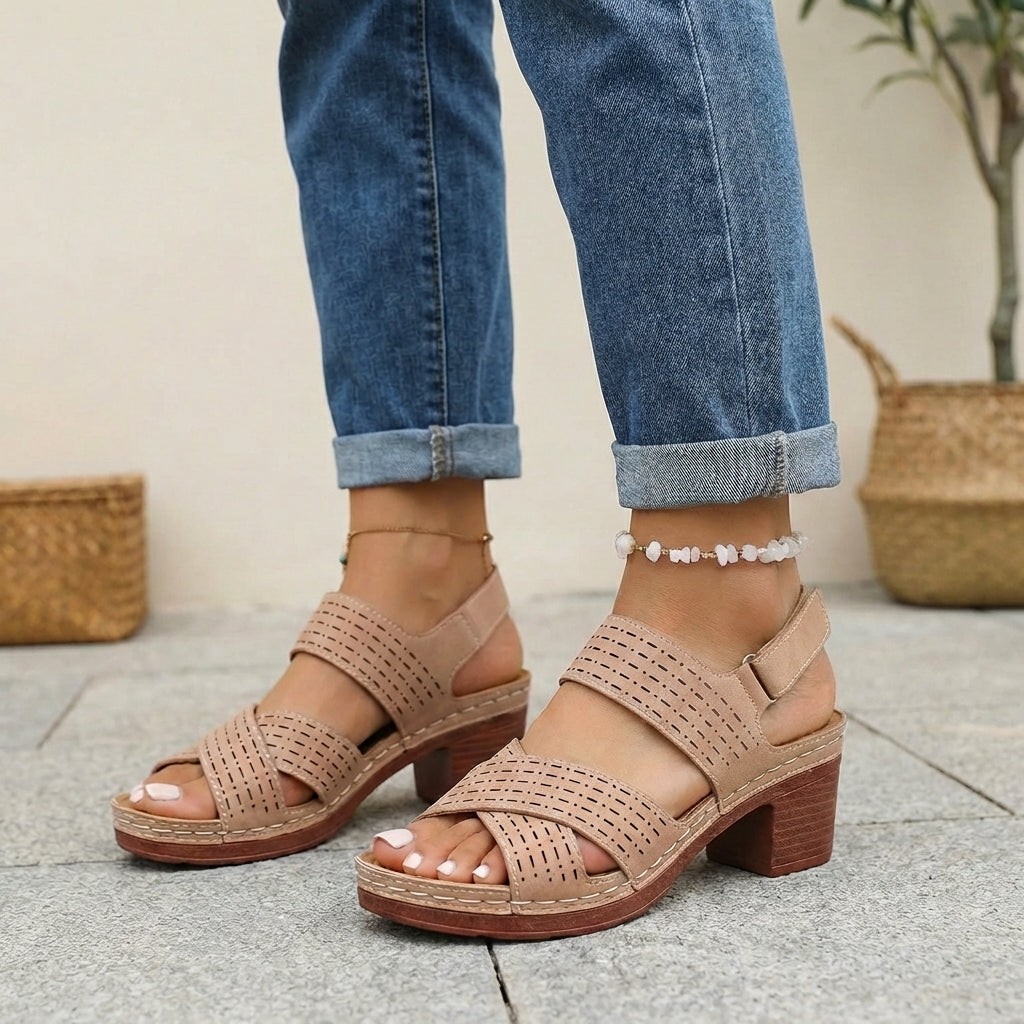 Brown orthopedic platform block heel sandals with open toe and cut-out design by My Store