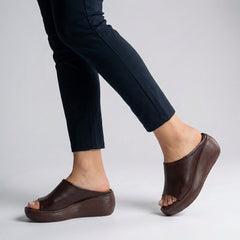 Brown Tammy Bradley platform slide sandals with open toe design for women, featuring a comfortable slip-on style.