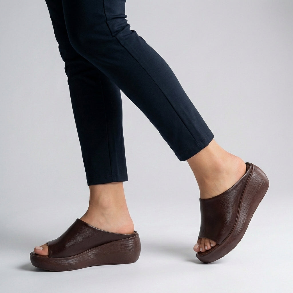 Brown Tammy Bradley platform slide sandals with open toe design for women, featuring a comfortable slip-on style.