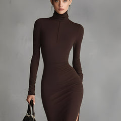 Brown women's turtleneck dress with long sleeves and fitted silhouette, styled with a belt at the waist.