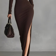 Brown turtleneck dress for women, stylish and comfortable, featuring long sleeves and a fitted silhouette.