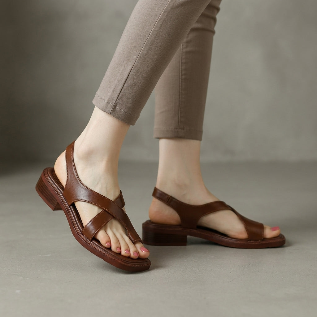 Brown Tammy Bradley square-toe block-heel criss-cross sandals for women, featuring stylish straps and a comfortable heel.