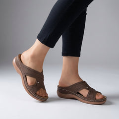 Brown orthopedic open toe wedge sandals with T-strap and rhinestone accents, featuring a comfortable and stylish design.
