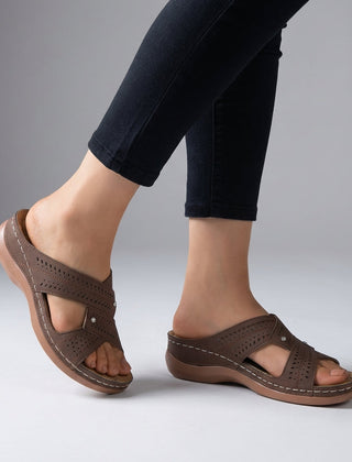 Brown orthopedic open toe wedge sandals with T-strap and rhinestone accents, featuring a comfortable and stylish design.