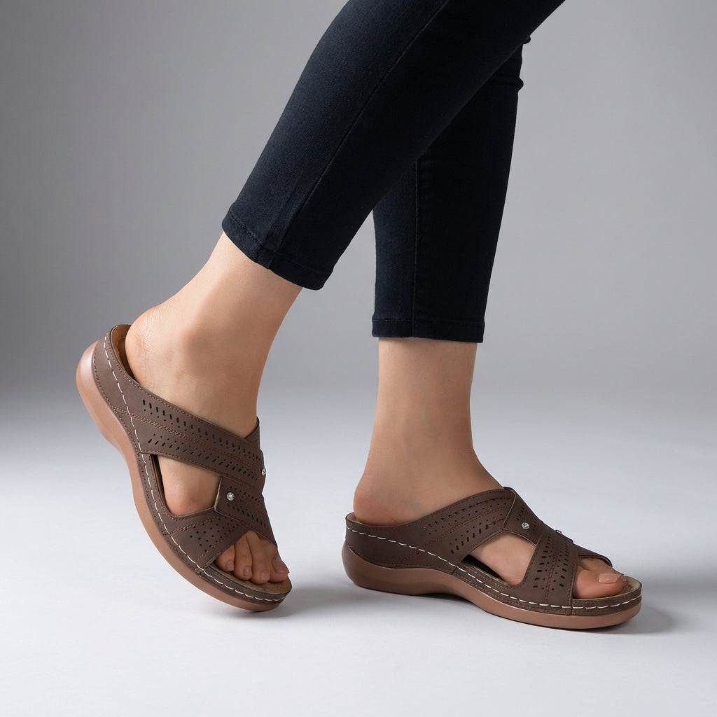 Brown orthopedic open toe wedge sandals with T-strap and rhinestone accents, featuring a comfortable and stylish design.