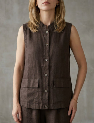 Sleeveless brown denim summer blouse for women with button front, casual and stylish top from My Store.