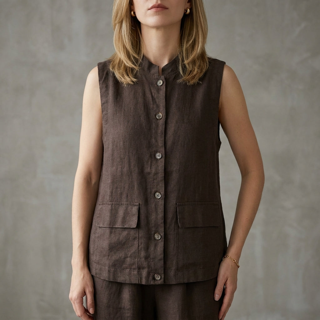 Sleeveless brown denim summer blouse for women with button front, casual and stylish top from My Store.