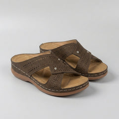 Brown orthopedic open toe wedge sandals with T-strap and rhinestones, featuring supportive design and stylish accents.